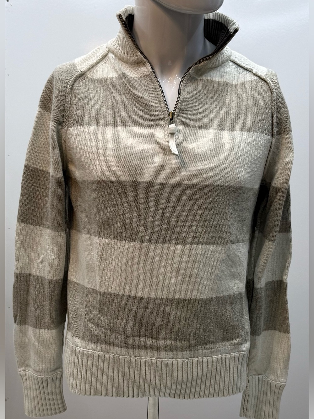 American Eagle Mens Quarter Zip Sweater M‎ Striped Cream Tan Cotton Knit